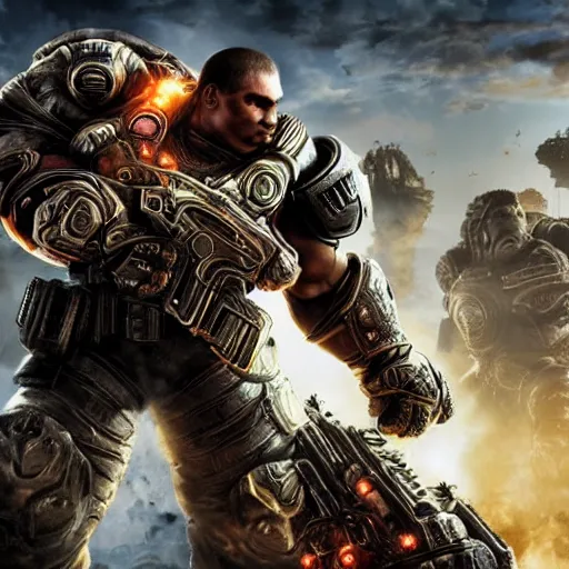 Image similar to Bowser in 'Gears of War', splash art, movie still, cinematic lighting, detailed face, dramatic, octane render, long lens, shallow depth of field, bokeh, anamorphic lens flare, 8k, hyper detailed, 35mm film grain