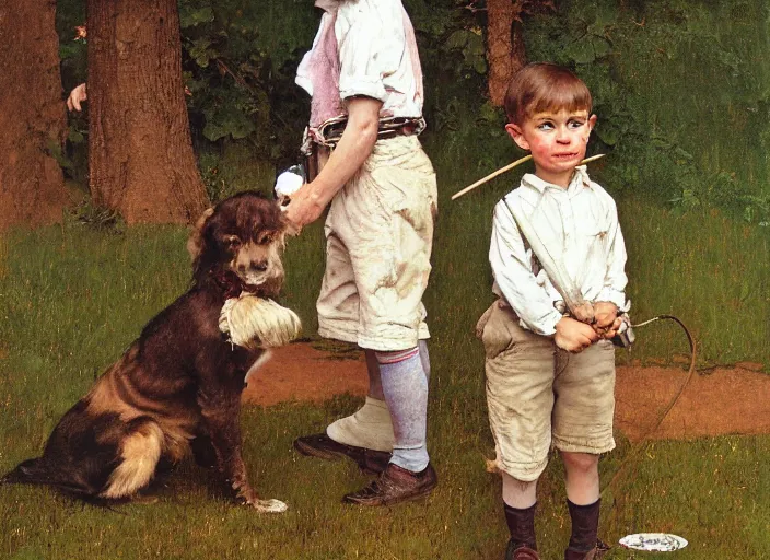 Image similar to high quality high detail painting by norman rockwell, hd, young boy with dog, muted pastel colors, photorealistic lighting