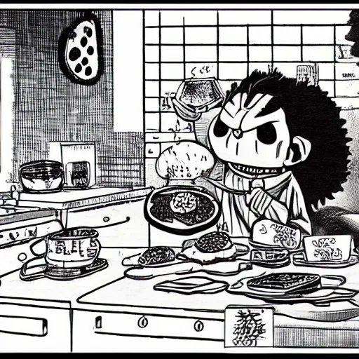 Image similar to evil anthropomorphic cookie cooking a bunch of cookies, in the kitchen, in vagabond manga by takehiko inoue, black ink