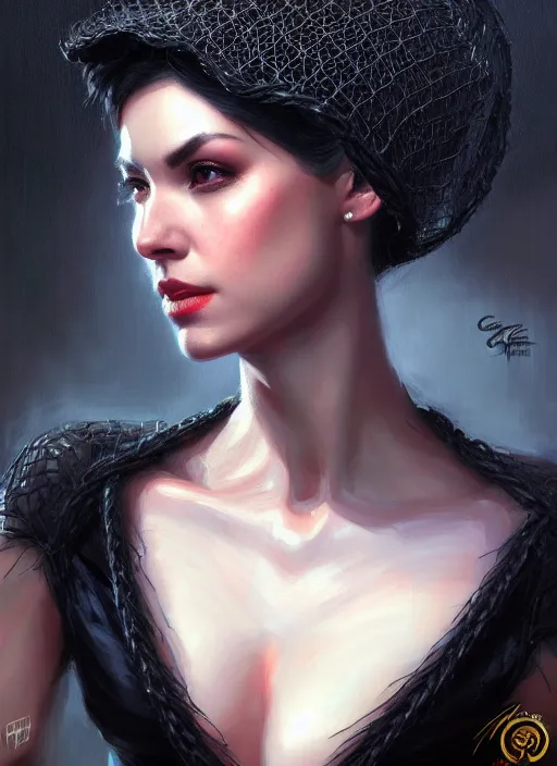 Image similar to a _ fantasy _ style _ portrait _ painting _ of widow black net bonnet, oil _ painting _ unreal _ 5 _ daz. _ rpg _ portrait _ extremely _ detailed _ artgerm _ greg _ rutkowski _ greg