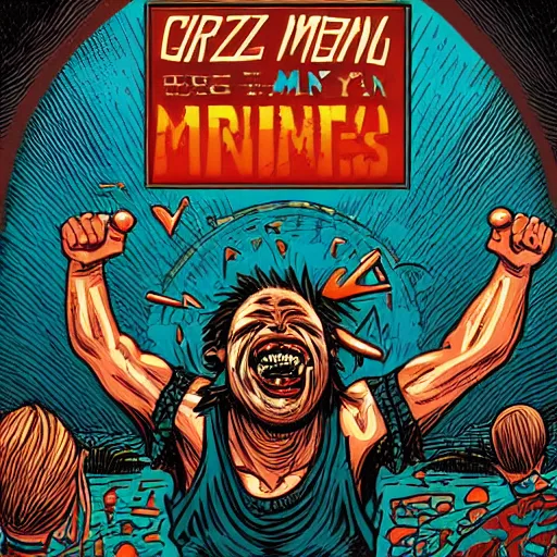 Prompt: crazy man going crazy screaming, illustrated by Dan Mumford