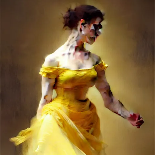 Image similar to a woman in a yellow organza dress dancing, intricate, elegant, digital painting, realistic, concept art, smooth, sharp focus, illustration, by ruan jia and mandy jurgens and william - adolphe bouguereau, artgerm
