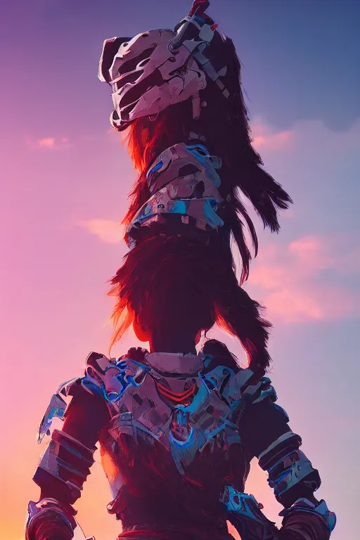 Image similar to combination suit armor aloy horizon forbidden west horizon zero dawn radiating a glowing aura global illumination ray tracing hdr fanart arstation by ian pesty and alena aenami artworks in 4 k tribal robot ninja mask helmet backpack