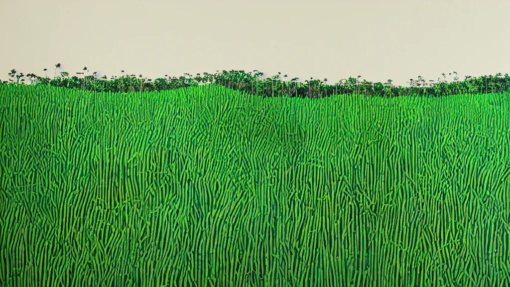 Image similar to sugar cane field, okinawa japan, a collage painting, in the style of wes anderson, lola dupre, david hockney, isolated on negative white space background dark monochrome neon fluorescent spraypaint accents volumetric octane render
