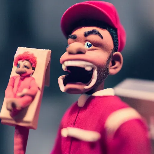 Image similar to a cinematic film still of a claymation stop motion film starring chance the rapper as a college student, shallow depth of field, 8 0 mm, f 1. 8