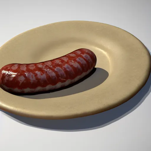 Image similar to cursed realistic 3 d unreal engine render of a half fish half sausage alone on a plate, fish fins on a sausage