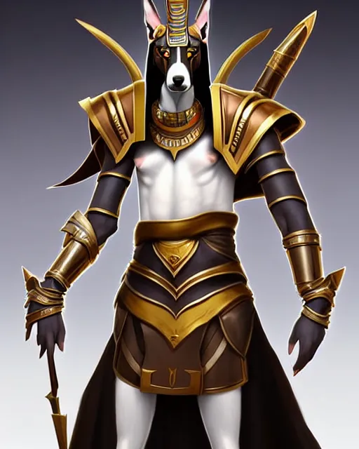 Prompt: nasus the armored egyptian anubis white and brown border collie warrior from videogame league of legends the armored egyptian collie warrior from videogame league of legends with the face of a white and brown border collie, full body armor, highly detailed, artstation, cinematic character, by artgerm and greg rutkowski