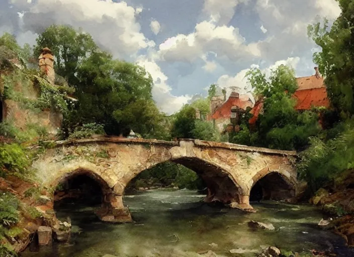 Image similar to watercolor of rustic stone bridge with mural, ivy, summer daylight, bright clear day, clouds, high detailed art by dennis miller bunker, work by anders zorn, wonderful masterpiece by greg rutkowski, beautiful cinematic light, american romanticism by greg manchess, creation by tyler edlin