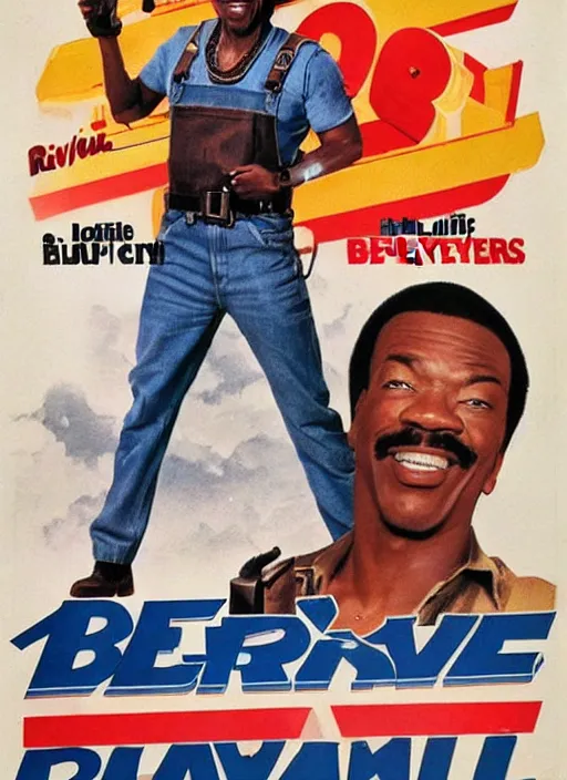 Image similar to an 8 0's john alvin action movie poster starring eddie murphy face as a plumber to rich people. bathroom. overalls. tool belt. the movie is called beverly hills crap