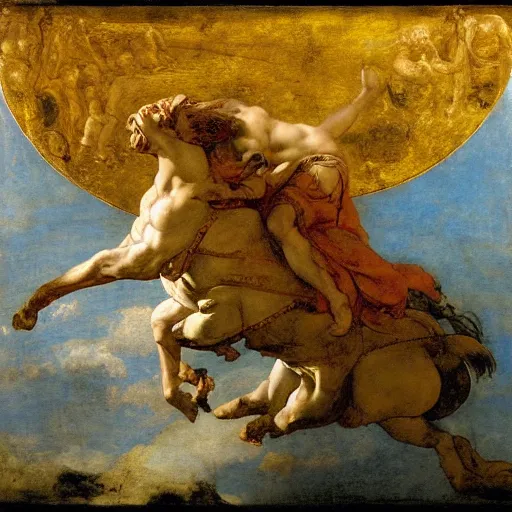 Image similar to Tragic Portrait of Phaethon the Demigod losing control of the chariot chariot that is the sun careening through the zodiac filled stratosphere Ilya Repin Michelangelo Buonarotti Leonardo Da Vinci masterpiece fresco quadratura Trompe-lœil