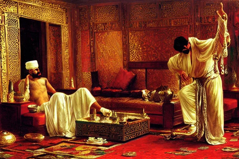 Image similar to The Persian Genie Destroys his Magic Lamp in an Opulent Turkish Salon, art by Paul Cadmus and Osman Hamdy Bey and Jean-Léon Gérôme