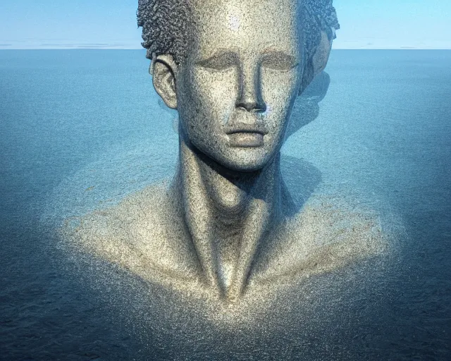 Image similar to a long shot of a giant human head award winning sculpture on the surface of the ocean, in the style of chad knight, hyper detailed, hyper realistic, ray tracing, 8 k resolution, sharp focus