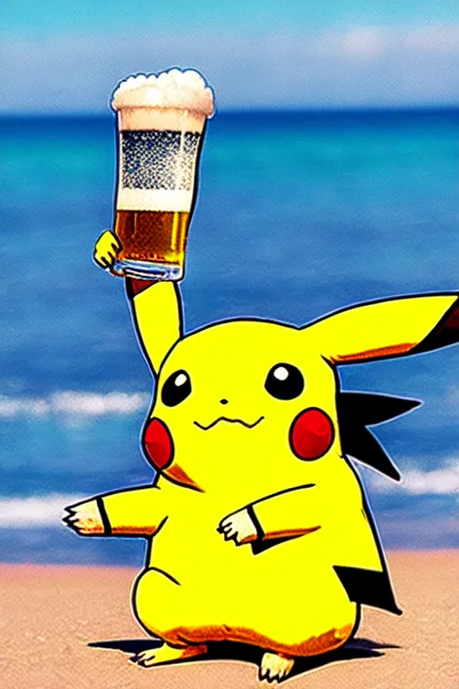 Prompt: pikachu drinking a beer on the beach