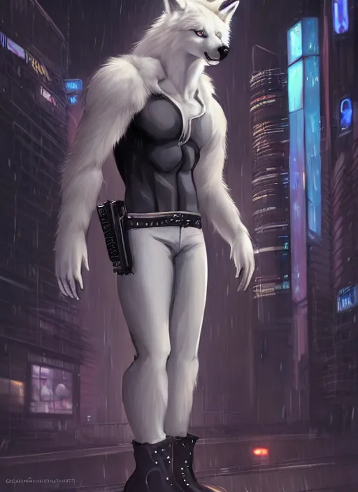 Image similar to award winning beautiful portrait commission art of a muscular male furry anthro albino wolf fursona with a tail and a cute beautiful attractive detailed furry face wearing black stylish cyberpunk pants and boots in a cyberpunk city at night while it rains. Character design by charlie bowater, ross tran, artgerm, and makoto shinkai, detailed, inked, western comic book art