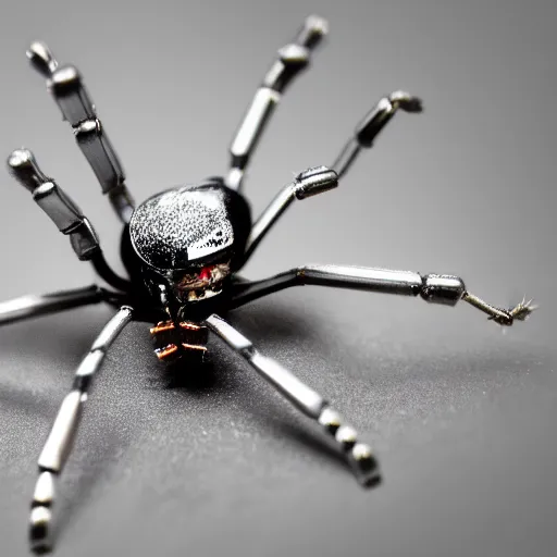 Prompt: macro photograph of a miniature mechanical spider made of silver