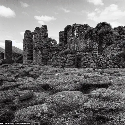 Image similar to the ruins of a giant village made out of stone bricks and overgrown with red moss, in a landscape with hills and swirling trees, and giant black crimson mountains on the horizon, gloomy