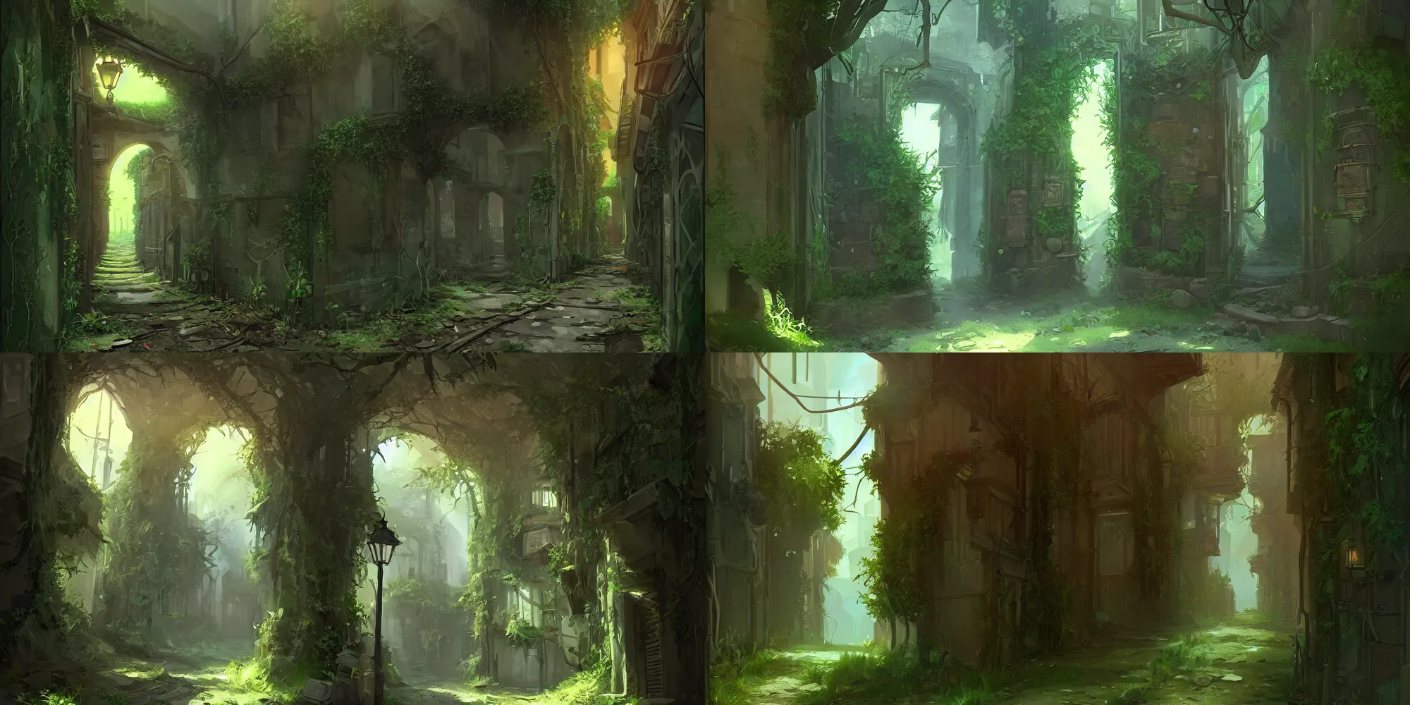 Prompt: concept artwork illustration abandoned stylized old jaffa very overgrown green ivy alley contrast shadows artstation