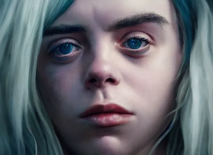 Image similar to billie eilish the real god, watching the earth. epic cinematic hyperrealism masterpiece. realistic poster with shaded lighting by craig mallismo, artgerm, jeremy lipkin and michael garmash, unreal engine, radiant light, detailed and complex environment, octane photoreal 3 d render, art station trends