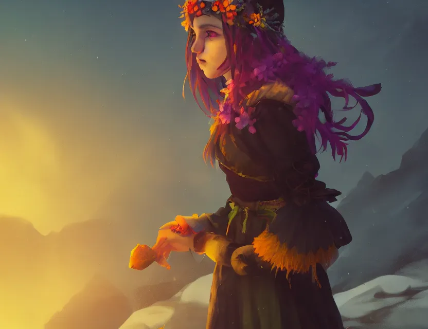 Image similar to crow alchemist girl in the flowering snowy mountains. complementary colors, indie concept art, luminescent, 4 k, chiaroscuro, rimlight.