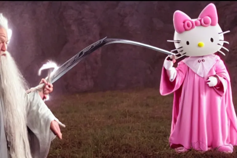 Image similar to Gandalf wearing pink Hello kitty costume, meeting regular Gandalf, dramatic lighting, movie still from Lord of the Rings, cinematic