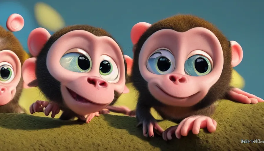 Image similar to very very very cute baby monkeys by Max Kostenko and Bobby Chiu, disney, pixar, MPC, Framestore, character design for animation, uplight, a lineup of characters, big disney eyes, symmetrical eyes, cuteness, 3d render, octane rendered, rendered by maya and houdini, highly detailed, unreal engine, Trending on Artstation, octane render, 4k, 8k, HD