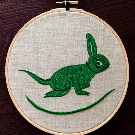 Image similar to “a rabbit eating a lizard, embroidery”