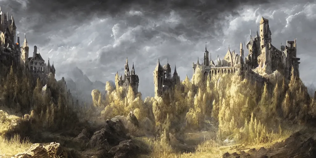 Image similar to matte painting, castle, dramatic landscape