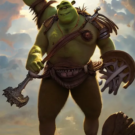 Image similar to shrek bare chested as a glorious devout shining powerful epic amazing awesome very handsome attractive muscular stylish knight in shining golden armor riding donkey, fantasy art, highly detailed, photorealistic, octane render, 8 k, unreal engine, art by artgerm and greg rutkowski and alphonse mucha