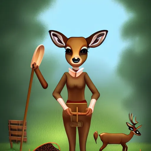 Prompt: Anthropomorphic Humanoid Female Doe Deer Doing Chores on a Farm, Digital Art Trending on Artstation