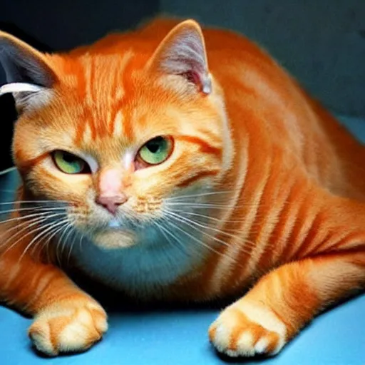 Prompt: photo of a human and orange tabby cat hybrid