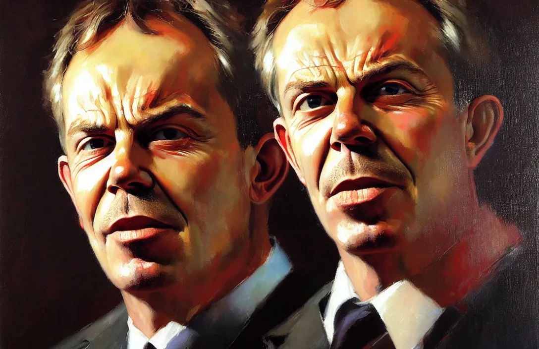 Image similar to portrait of tony blair!!!!!!!!!!!!!!!!!!!!!!!!!!!, detailed face, detailed painting, epic lighting, by ilya repin, phil hale and kent williams