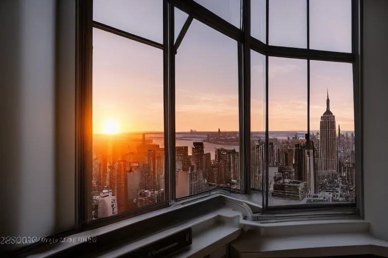 Image similar to photograph inside an apartment with large window overlooking manhattan new york city, sunrise!! dawn, early morning light, cinematic, epic scene, volumetric light, highly detailed, 24mm, f8, fujifilm, Daniel Kordan, Flickr, 500px,