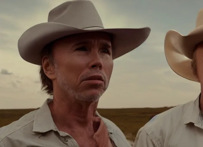 Image similar to film still of Clint Howard as Cooper with cowboy hat on in Interstellar, 4k