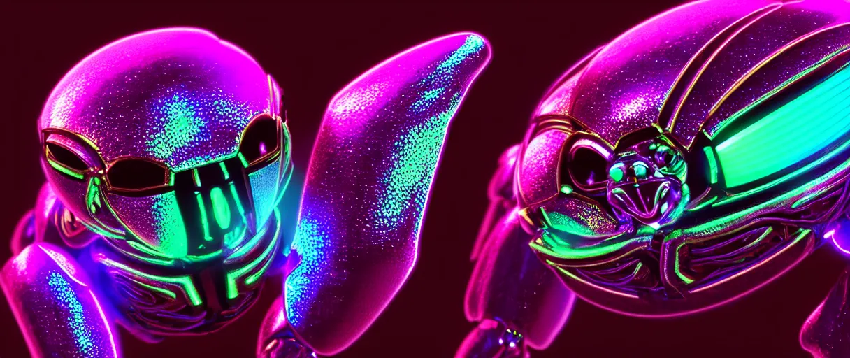 Prompt: high quality photo glowy iridescent cyborg scarab! jeweled very pretty! highly detailed digital art david ligare elson peter cinematic purple neon lighting high quality low angle hd 8k sharp shallow depth of field