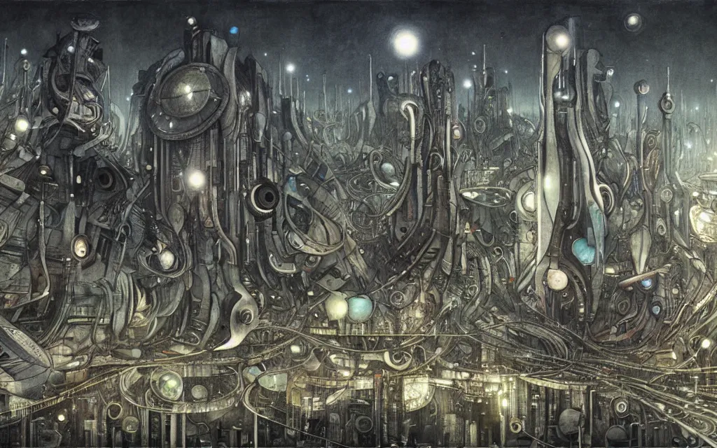 Prompt: futurist high tech colony, perfect future, award winning art by santiago caruso, iridescent color palette