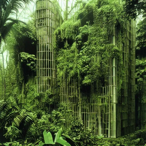 Image similar to a building in a rainforest by hans bellmer