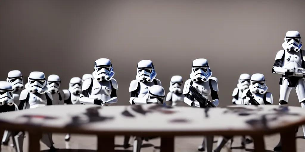 Prompt: closeup portrait of tin toy stormtroopers fighting on white paper table in an artist workshop, depth of field, zeiss lens, detailed, centered, fashion photoshoot, by nicoletta ceccoli, mark ryden, lostfish, breathtaking, 8 k resolution, extremely detailed, beautiful, establishing shot, artistic, hyperrealistic, octane render