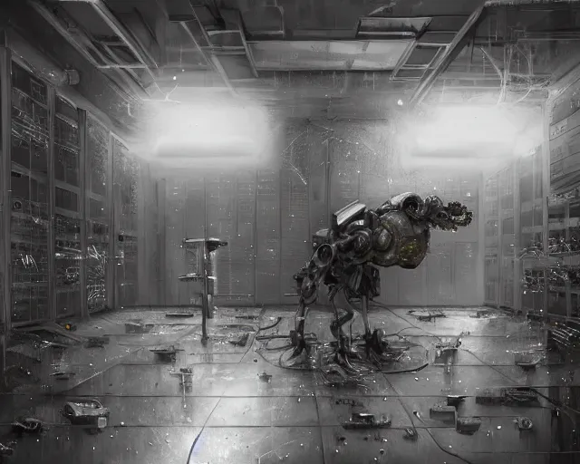 Image similar to gloomy colossal ruined server room in datacenter robot figure automata headless drone robot knight welder posing pacing fixing soldering mono sharp focus, emitting diodes, smoke, artillery, sparks, racks, system unit, motherboard, by pascal blanche rutkowski artstation hyperrealism cinematic dramatic painting concept art of detailed character design matte painting, 4 k resolution blade runner