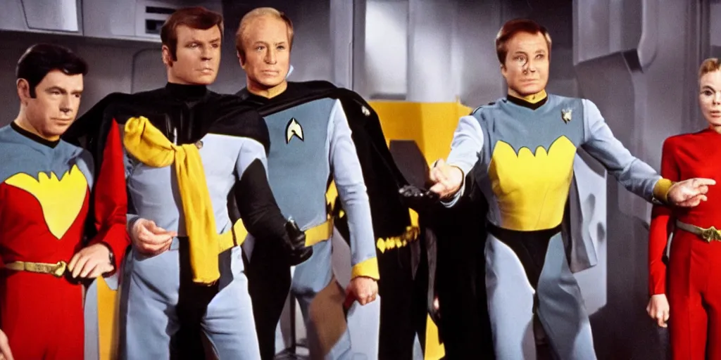 Image similar to ((Batman)) in Starfleet uniform, in the role of Captain Kirk in a scene from Star Trek the original series