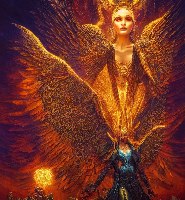 Image similar to a beautiful tarot card artwork of a cyberpunk seraphim in nature, backlit, highly detailed, golden hour, digital painting, by karol bak and justin gerard and dan mumford and artgerm, vivid colors, masterpiece, detailed shading, 8 k resolution, intricate, smooth