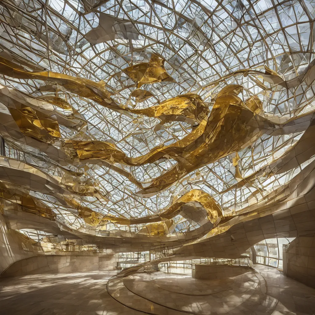 Image similar to “ the interior atrium hall of the museum of emotions designed by highly sculptural hyperbolic boolean surfaces, a sculptural staircase done in gold floats up to a skylight, highly detailed in 4 k ”