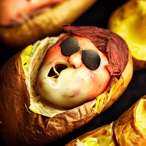 Image similar to evil loaded baked potato face, haunted villain, cinematic, realistic photo, unsettling