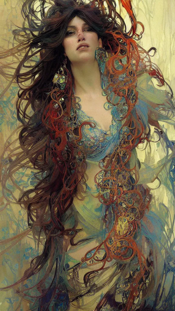 Prompt: a beautifull intricate paintings of a metal feathered cloak surrounded by tendrils, vivid colors, artstation, by jeremy mann, by alphonse mucha,