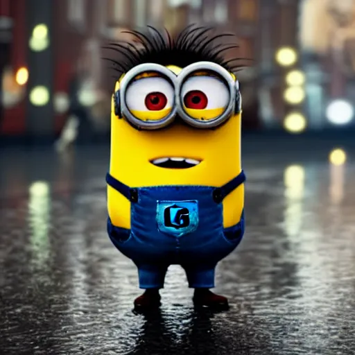 Image similar to a super cute minion walking on the streets of amsterdam in the rain, movie still, photorealistic 4 k