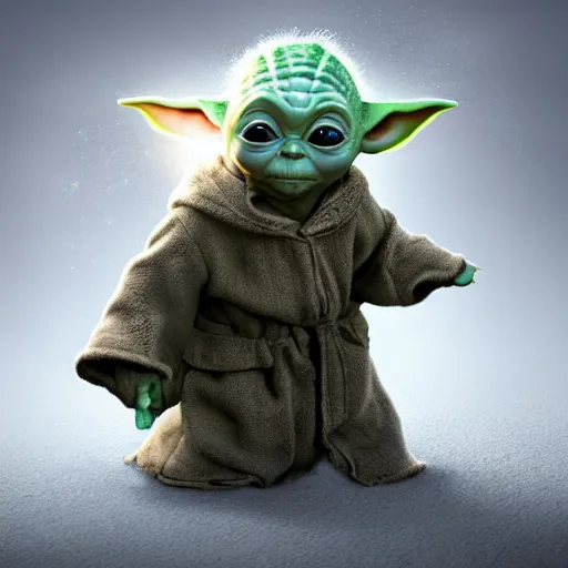 Image similar to full body pose, hyperrealistic photograph of baby yoda dressed as a wizard, dim volumetric lighting, 8 k, octane beautifully detailed render, extremely hyper detailed, intricate, epic composition, cinematic lighting, masterpiece, trending on artstation, very very detailed, stunning, hdr, smooth, sharp focus, high resolution, award, winning photo, dslr, 5 0 mm