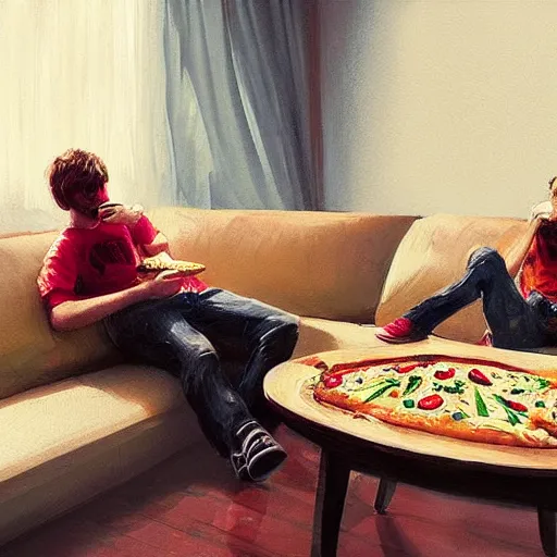 Prompt: two young friends sitting one in front another on couches, a small chair in between them with large pizza on the chair, they are eating pizza, room, fourniture, good colors, 8 k, detailed, by greg rutkowski, trending on artstation, best of artstation