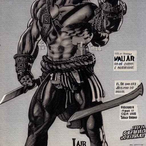 Prompt: muscular barbarian holding sword in right hand on mars science fiction pulp