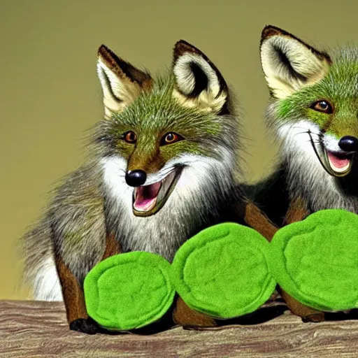 Prompt: A real photo of a smiling green fox giving birth to three youngsters, hyperrealistic