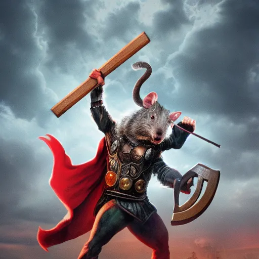 Image similar to the rat thor ~ holding his hammer ~ dramatic thunder background ~ fighting scene ~