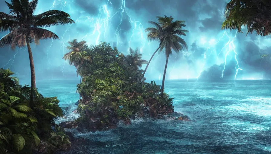 Image similar to Tropical island under the storm with lightning, hyperdetailed, artstation, cgsociety, 8k